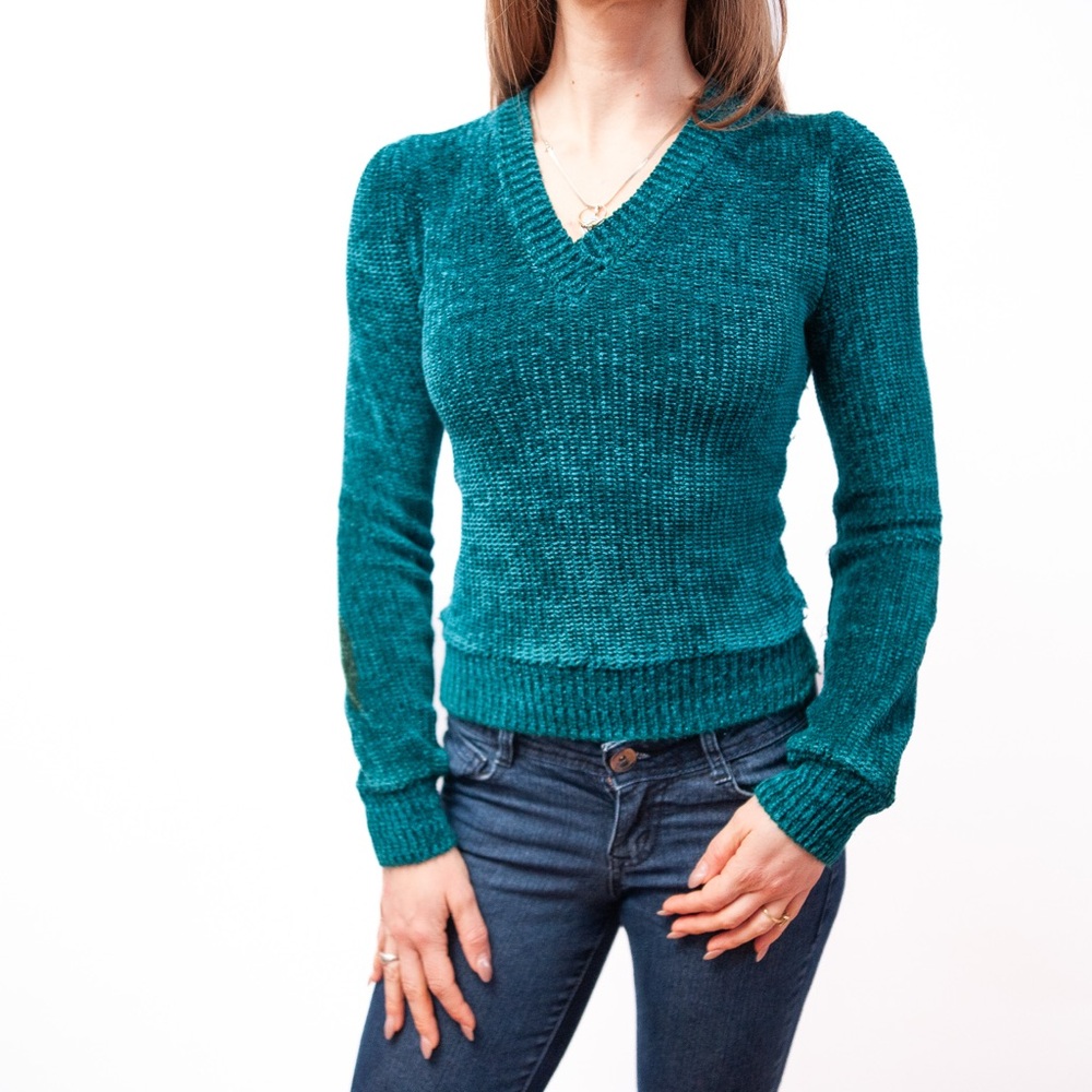 Vintage 60s 70s Emerald Teal Fitted Knit XS Retro Indie Coquette Boho Sweater